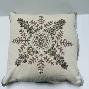 Embroidered Beaded Snowflake Decorative Pillow - Cream & Metallic